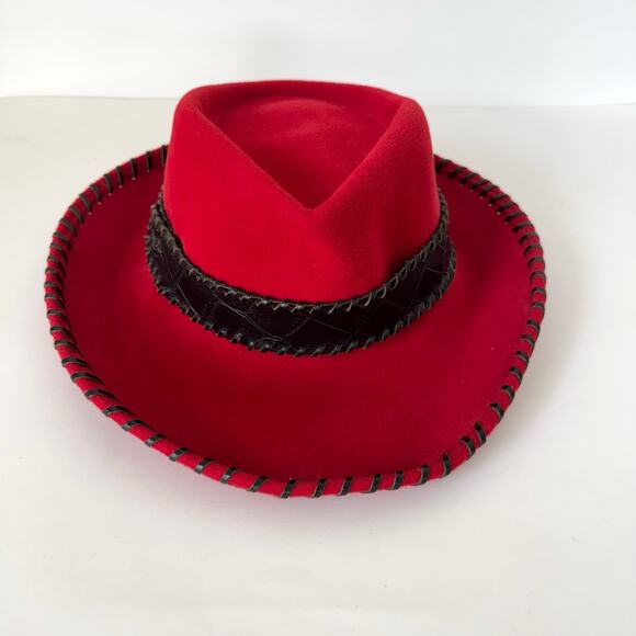 Eric Javits Vintage Red Wool Hat Whipstitch Black Leather Trim OS Western Cowboy main image 5